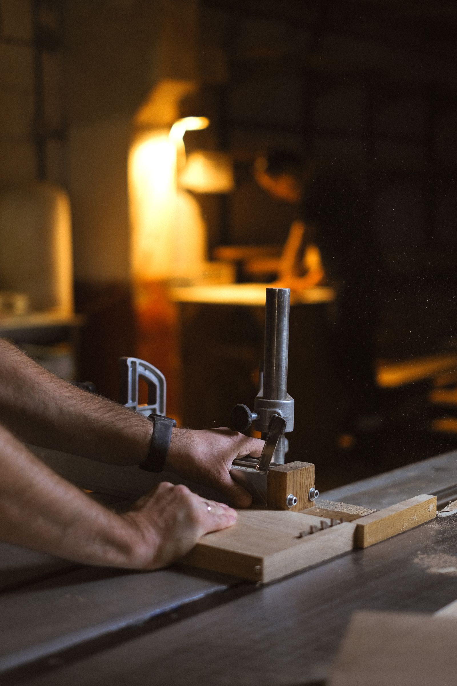 Joiner cutting timber during the build phase of a renovation