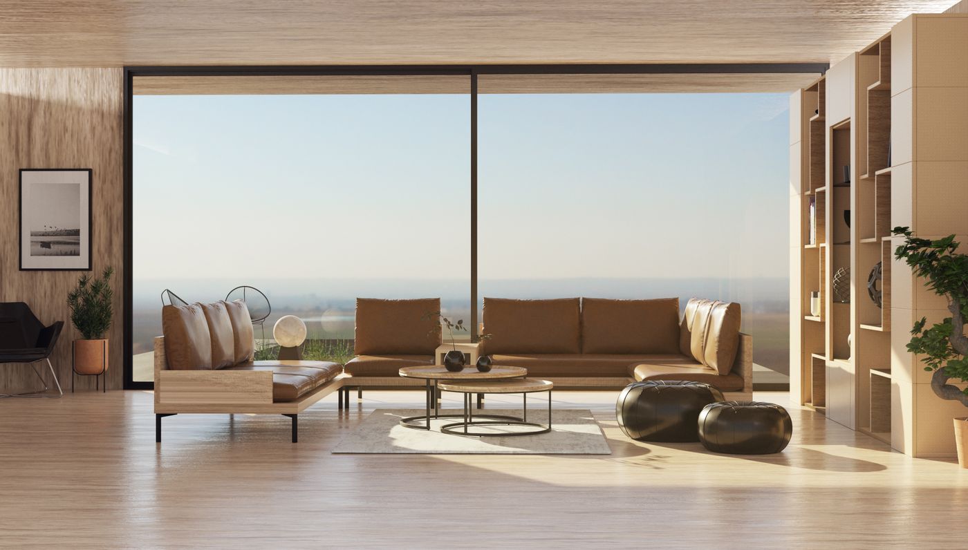 Contemporary open-plan living area with sculptural lighting and full-height glazing