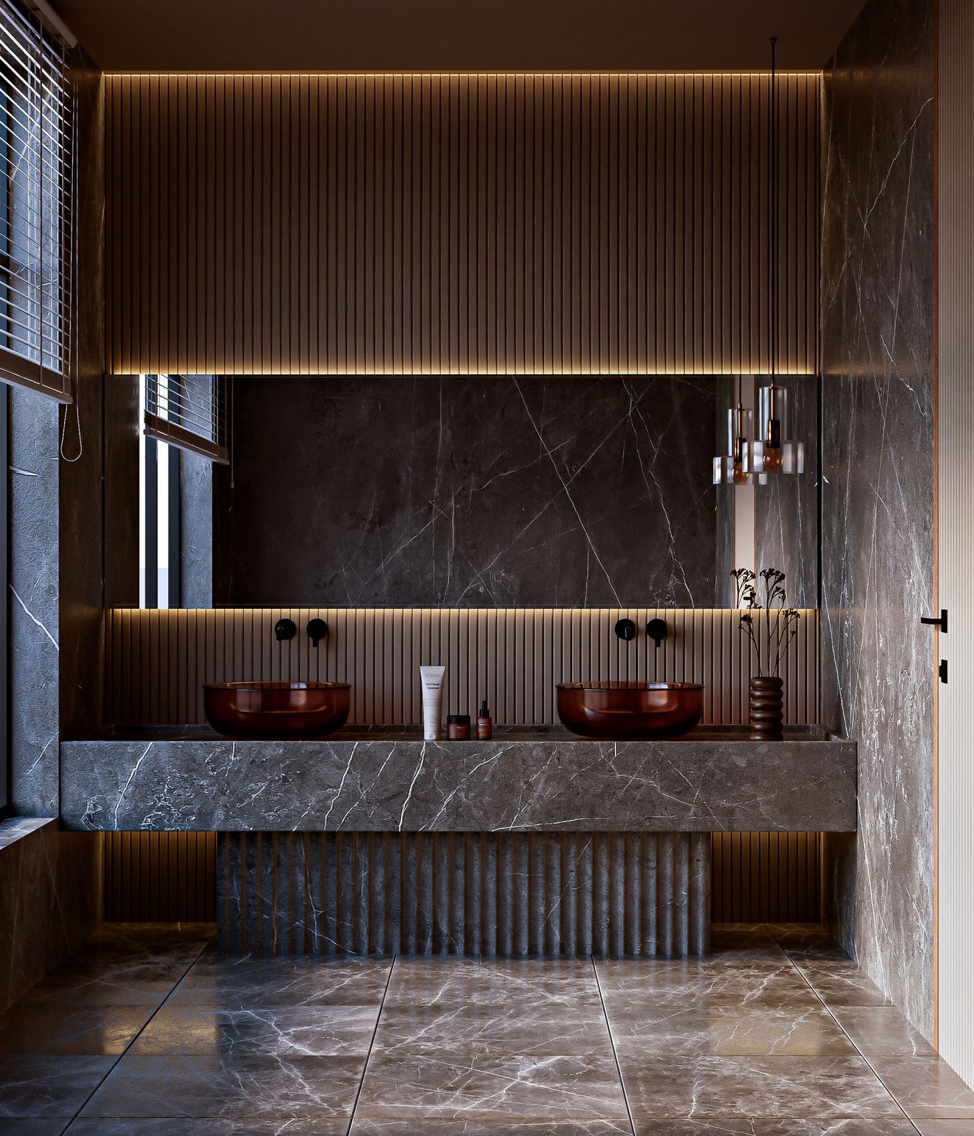 Marble bathroom with twin basins and large mirror